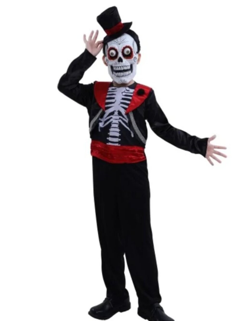 Day of The Dead Halloween Costume Large Googly Eyes Hat Mask Jumpsuit 3 Pc Boys